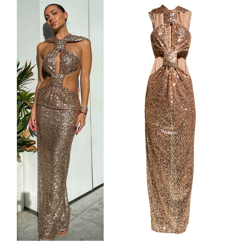 NWT Bronx and Banco SOL Elegant Gold Sequin Evening Gown - Picture 3 of 15